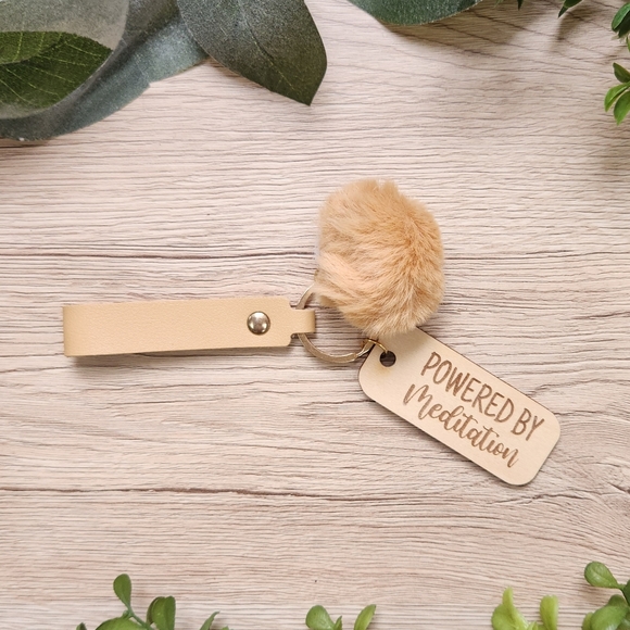 POWERED BY MEDITATION Laser Engraved Charm with Keychain Wristlet & Puff - Picture 7 of 8